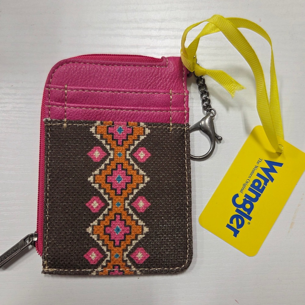 Wrangler Pink Southwestern Zip Card Holder Wallet Keychain Geometric Aztec New